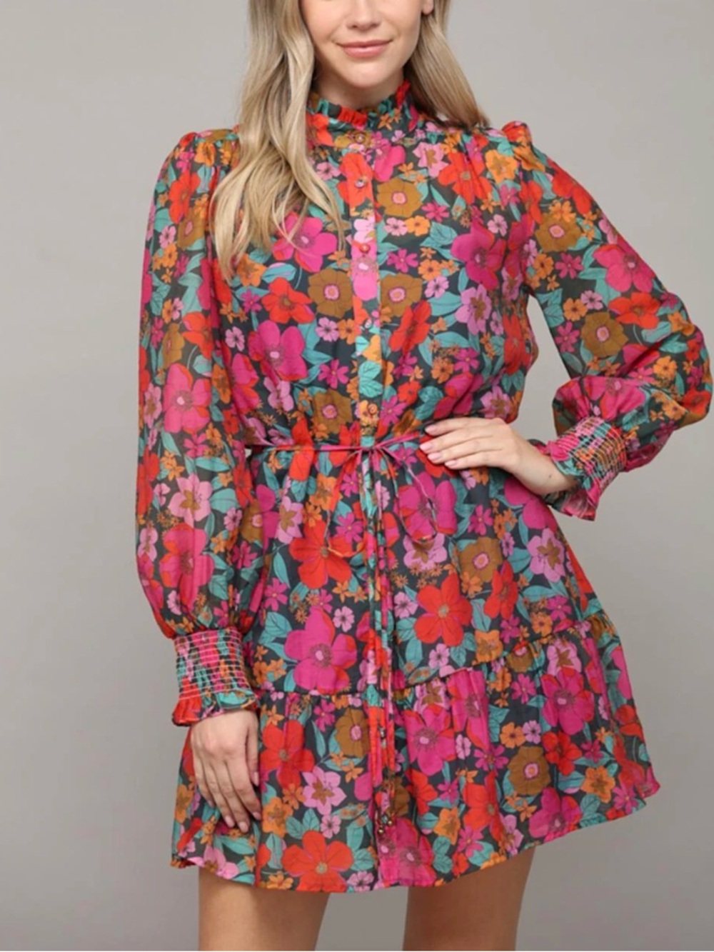 Fate Full Bloom Floral Print Tie Waist Ruffle Dress Sz S - Picture 2 of 5